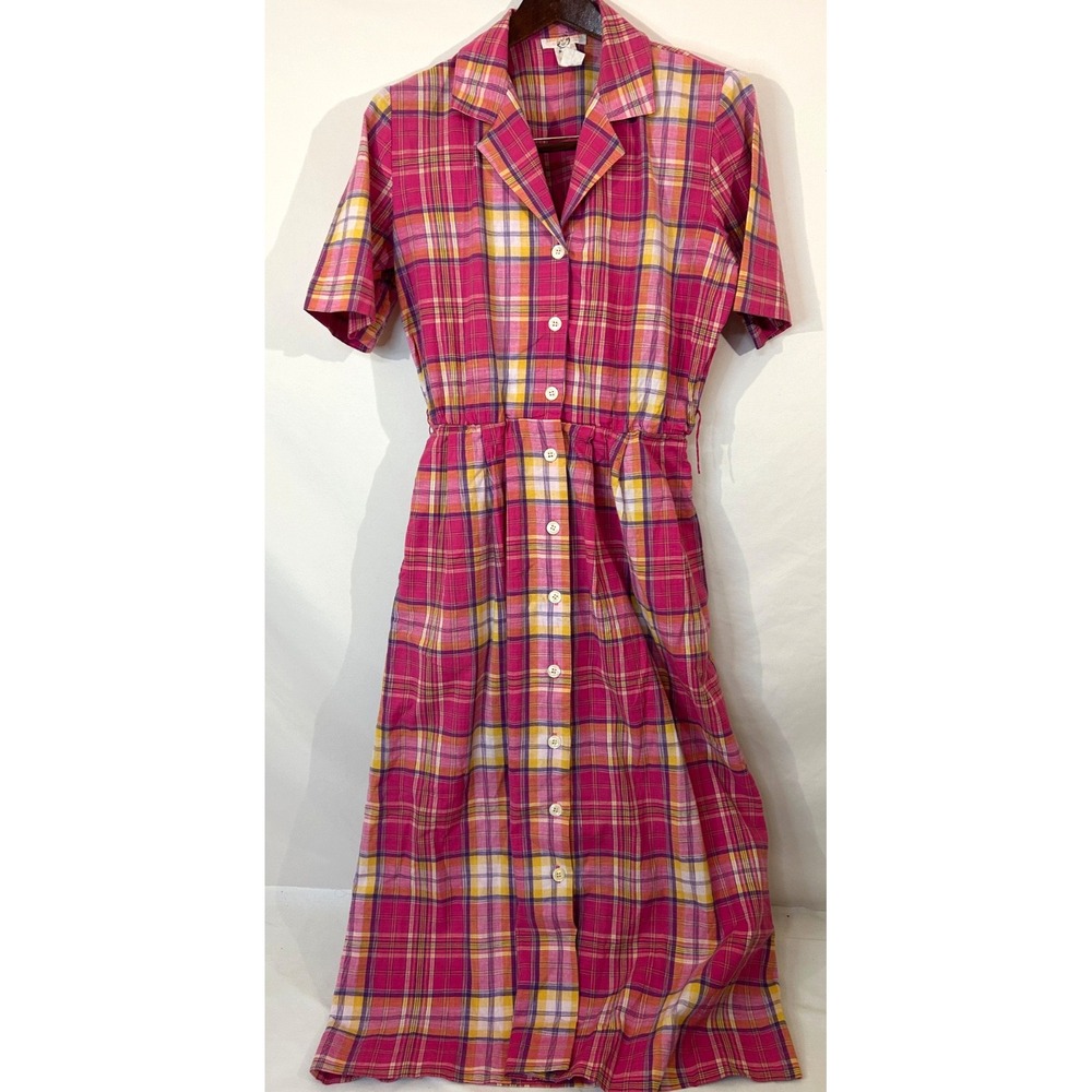 Brooks Brothers Pink Purple Yellow Plaid Button Up Cotton S/S Long Dress Size 6